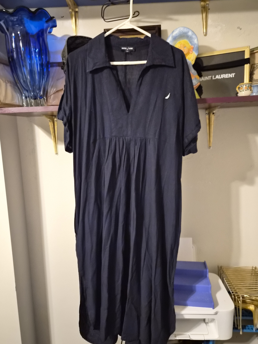 ​Nautica Jeans Navy Blue Linen Blend V-Neck Short Sleeve Midi Dress NWOT Size L